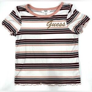 Guess Girls Striped Shirt Sz S 7-8 Pink, White, Burgundy, Black, Gold Ruffle
